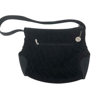 The SaK Hobo Shoulder Bag Black Crochet Woven Diamond Texture  Zip Top Lined